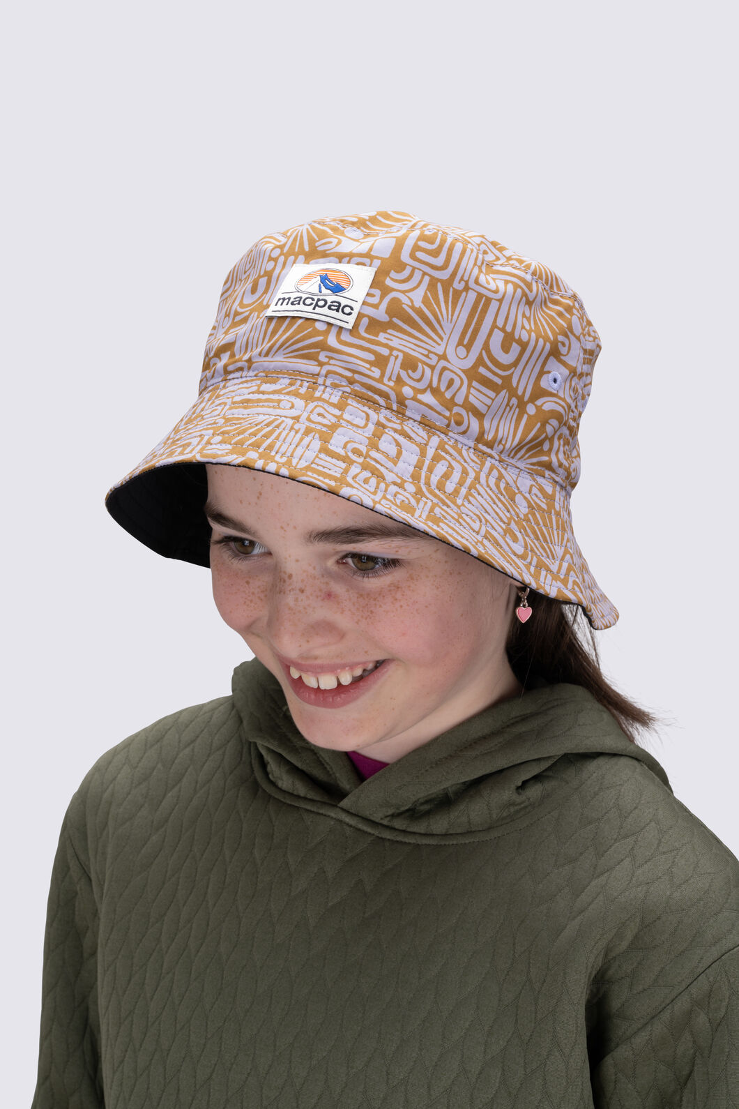 Macpac Kids' Winger Reversible Bucket Hat, Bone/Lavender Gray Print/Black, hi-res