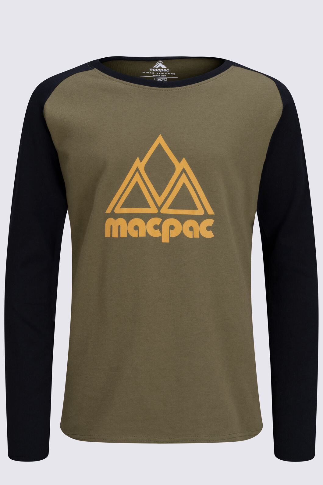 Macpac Kids' Vintage Fairtrade Organic Cotton Long Sleeve T-Shirt, Black/Winter Moss, hi-res