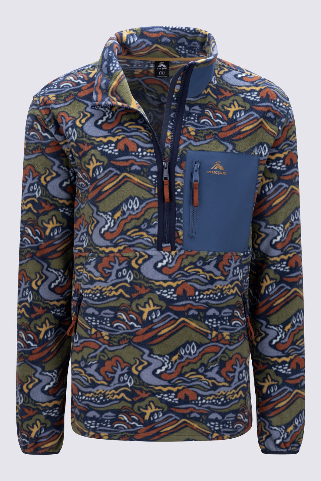 Macpac Men's Kindling Fleece Pullover, Navy/Valley Print, hi-res