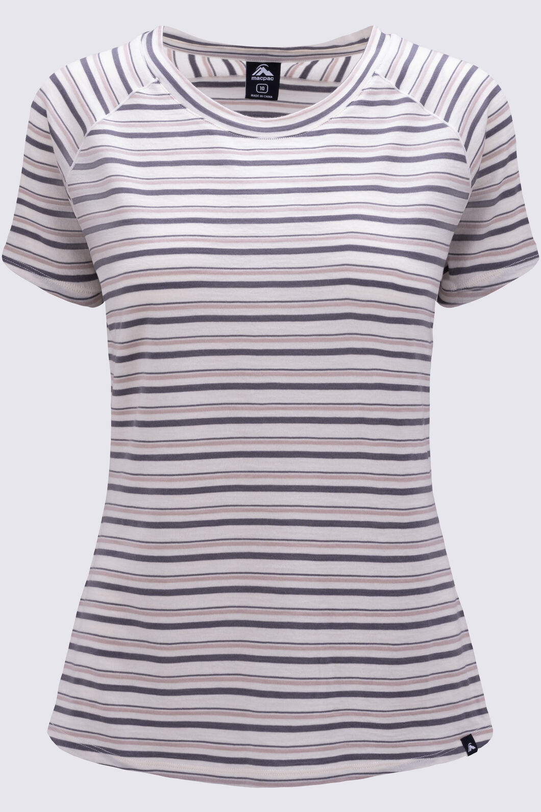 Macpac Women's Ella 180 Merino T-Shirt, Egret/Plum Kitten Stripe, hi-res