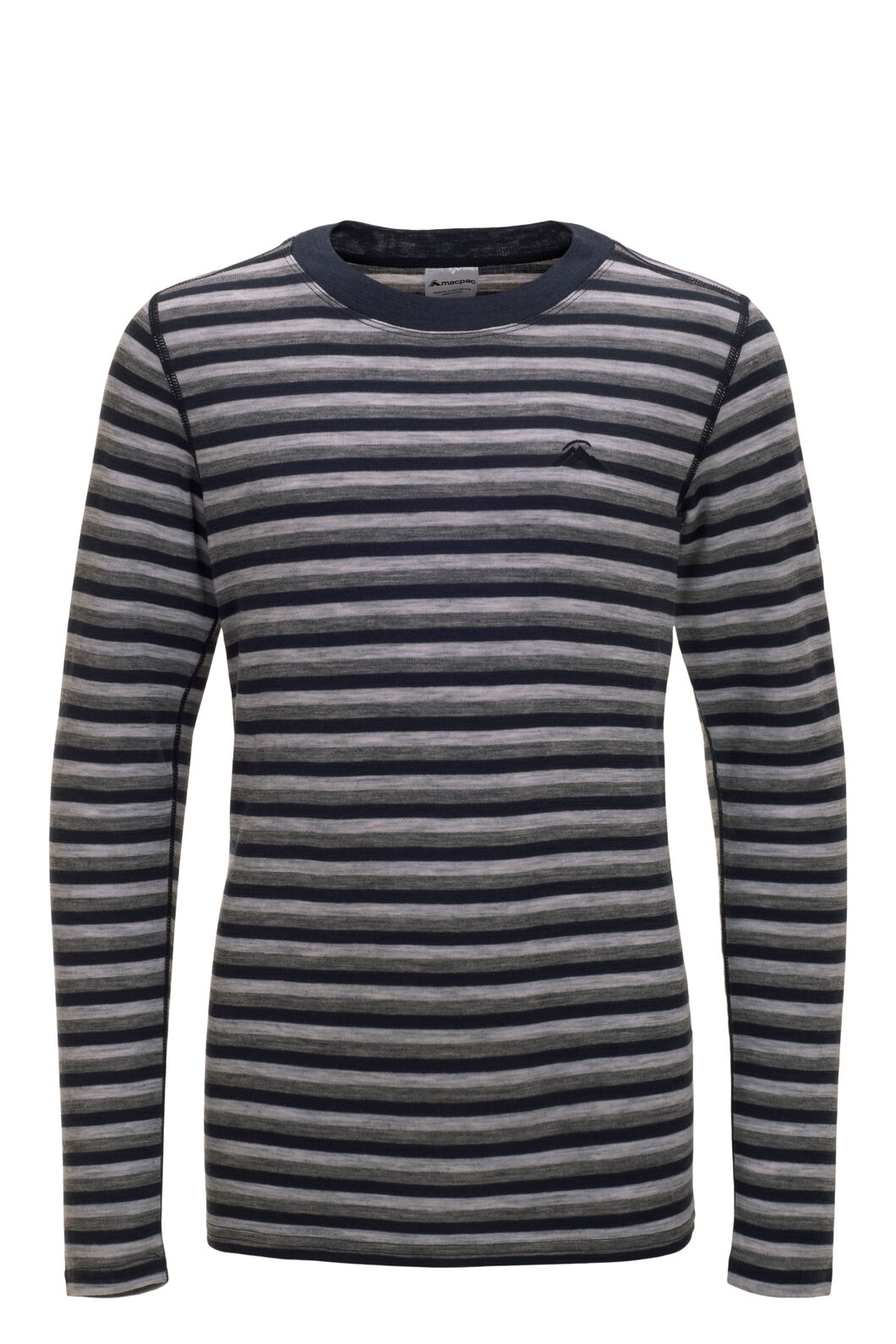 Macpac Kids' 220 Merino Long Sleeve Top, Grey/Navy Stripe, hi-res