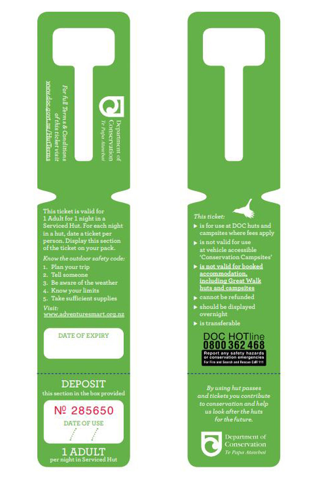 Department of Conservation Serviced Adult Hut Ticket — Green, None, hi-res