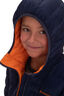 Macpac Kids' Atom Hooded Down Jacket, Black Iris/Russet Orange, hi-res
