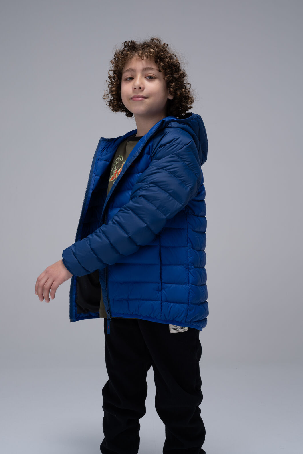 Macpac Kids' Uber Light Hooded Down Jacket, Navy Peony/Surf the Web, hi-res