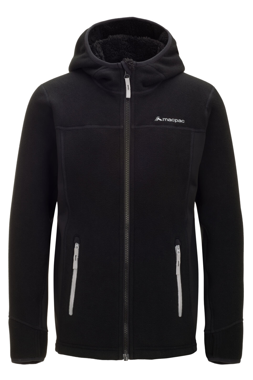 Macpac Kids' Mini Mountain Hooded Fleece Jacket, Black/High RIse, hi-res