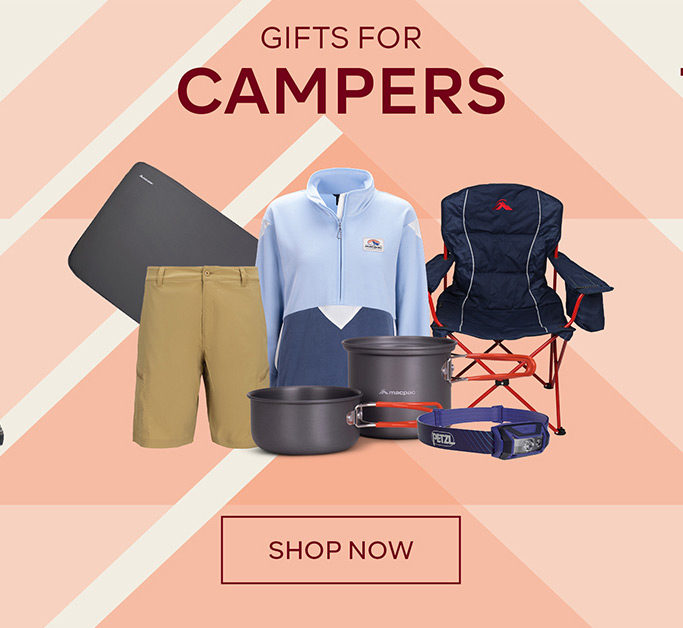 Gifts for campers - SHOP NOW- Assortment of camping items including a chair, pots, headtorch, fleece pullover