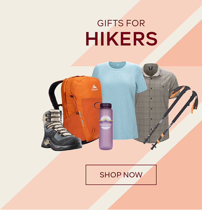 Gifts for campers - SHOP NOW- Assortment of camping items including a chair, pots, headtorch, fleece pullover