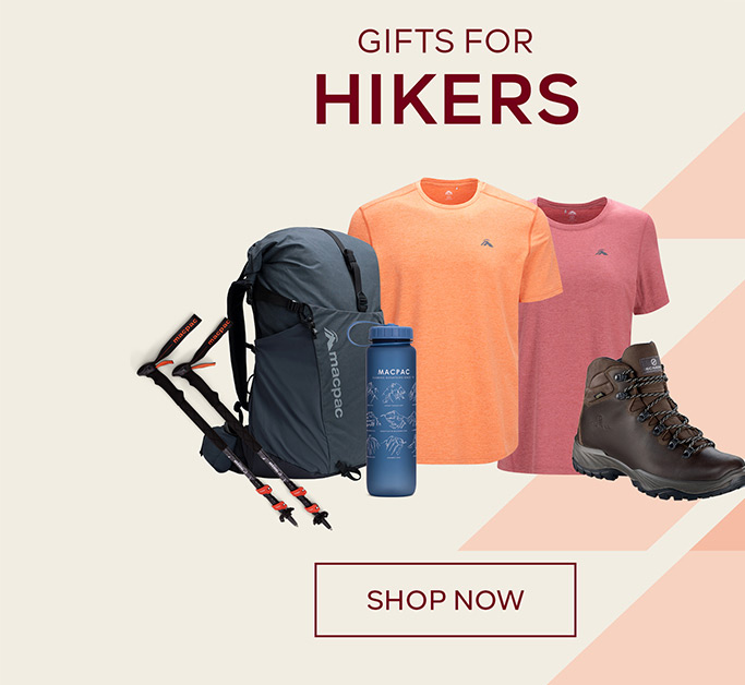 Gifts For Hikers - SHOP NOW - Orange background with 2 t-shirts a backback and a pair of walking poles