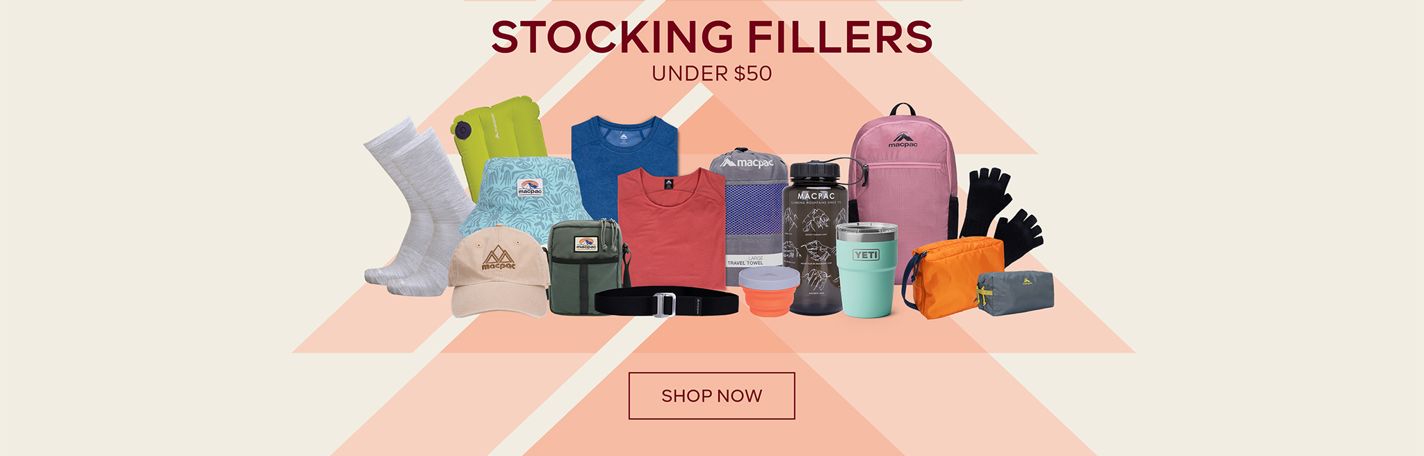 Gifts For Hikers - SHOP NOW - Orange background with 2 t-shirts a backback and a pair of walking poles