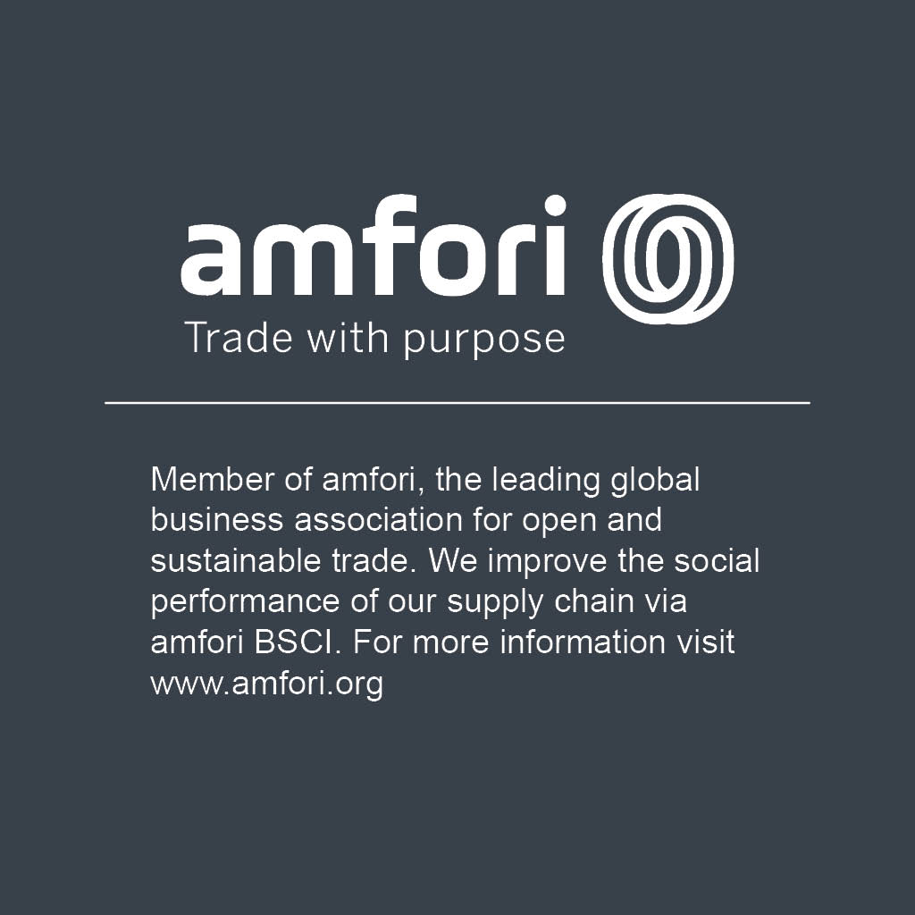 amfori logo, reading: Trade with purpose, Member of amfori, the leading global business association for open and sustainable trade. We improve the social performance of our supply chain via amfori BSCI. For more information visit www.amfori.org