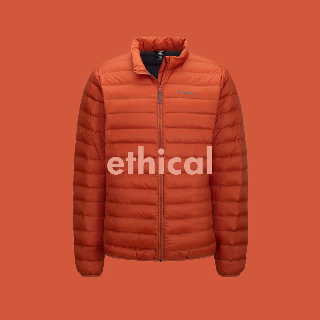 Orange Uber Light Down Jacket with text reading: Ethical