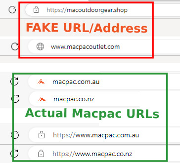 Fake macpac URLs and Actual Macpac URL examples