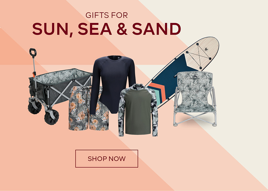 Gifts For Sun Sea and Sand - SHOP NOW - Wheeled beach cart, lycra Swimwear Inflatable SUP and a beach chair