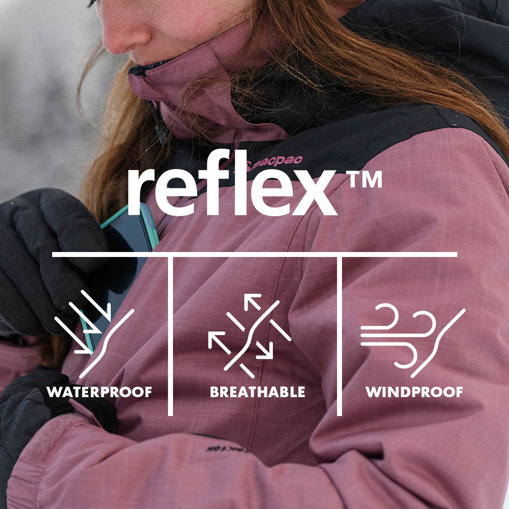 Icons showing Water proof, Breathable, Wind proof - Macpac Powder Reflex Ski Jacket