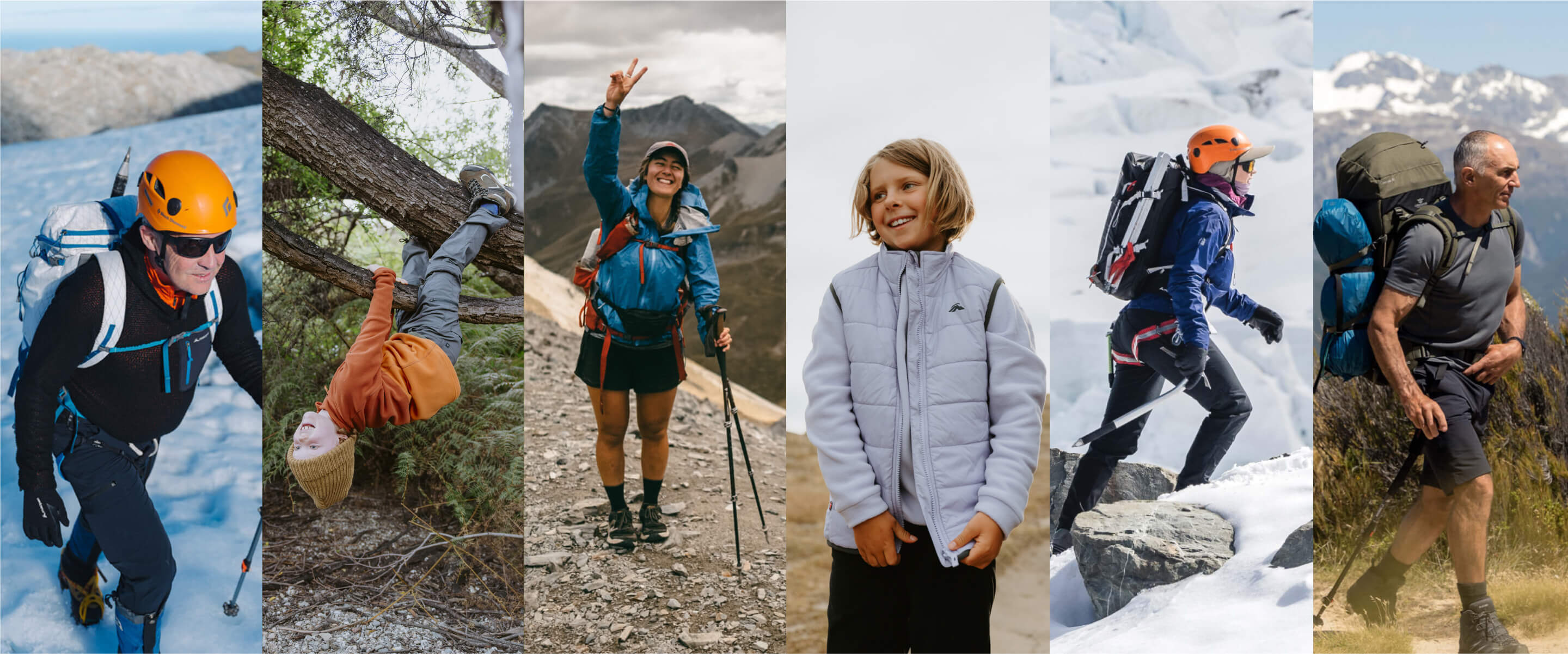 6 side by side images of customers using macpac in the outdoors