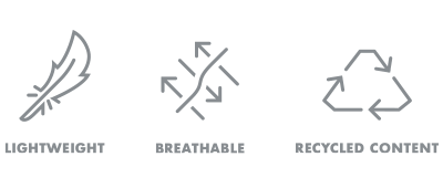 Icons showing: Lightweight, Breathable, and recycled content